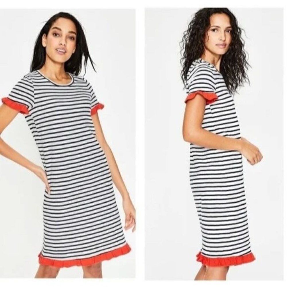 Boden EMILY Black White Stripe T-Shirt Dress Orange Ruffle Sz 4R Preppy